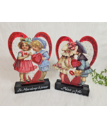 Valentines Day Be Mine Kiss Me Children Vintage Red Glitter Heart Wood S... - $18.99