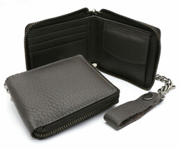 Bifold Brown Genuine Leather Scale Texture Zip-Around Wallet with a Chain - £17.40 GBP