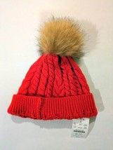 J Crew Red Winter Beanie Hat with Brown Faux Fur Top New with Tag NWT - £21.71 GBP