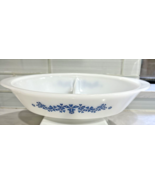 Vintage Glasbake Oval Milk Glass Divided Casserole Dish Blue Daisy Flower - $14.99