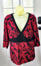 black and red floral womens tops size XL 3/4 sleeves blouse vintage clothes - $6.50