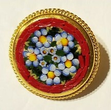 VTG Blue Flower Floral Italy Micro Mosaic Estate Brooch Pin Red Border Goldtone - £19.94 GBP