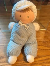 Eden Baby Boy Doll Blue White Terry Cloth Brown Yarn Hair Bonnet Lovey Plush VTG - £52.18 GBP