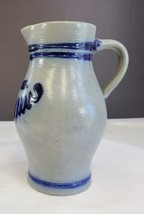 Vintage Tall Cobalt Blue Gray Stoneware Jug Pitcher Salt Glazed 9&quot; Tall 1 1/2 L - £17.15 GBP