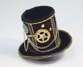 SteamPunk Cosplay Mini Black Velvet Gear &amp; Chain Victorian Cocktail Top Hat, NEW - £8.54 GBP
