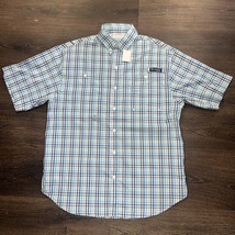 Columbia PFG Shirt Mens Medium Blue Plaid Nylon Button Up Fishing Short Sleeve - £11.69 GBP