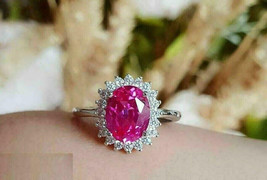 2Ct Oval CZ Pink Ruby Halo Engagement Ring 14K White Gold Plated-925 Silver - £90.35 GBP