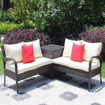 3 Piece Patio Sectional Wicker Rattan Outdoor Furniture Sofa Set with Storage - £243.34 GBP