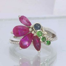 Ruby Spinel Green Tsavorite Garnets 925 Flower Ring Size 7.75 Floral Design 210 - £90.64 GBP