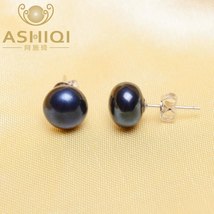 ASHIQI 925 Silver  Stud Earrings For Women Black Natural Freshwater  Jewelry New - £12.35 GBP
