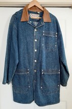 Vintage RESULTS Denim Jacket Coat Mid Length Duster Leather Collar Blue ... - $59.95