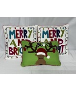 Embroidered Christmas Pillows set of 3 Holiday (2) 16&quot;x16&quot;, 12”x17” Rein... - $22.90