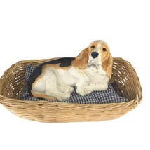 Figurine Basset Hound Senior Old Face in Basket 8 in Whiskers Pad Blue Check - $25.23