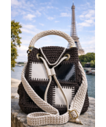 “Urban Geometry” – Handmade Bucket Bag in Dark Brown &amp; Ecru - $130.00