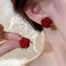 New Hongyun Wine Red flocking rose flower earrings plush camellia earrings  - $19.80
