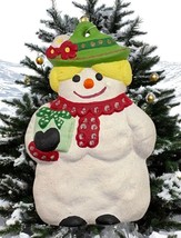 Vintage Snowman Christmas Tree Ornament Snow Woman with Gift Hand Painted - $11.87