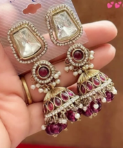 Bollywood Style Gold Plated Indian CZ Kundan Jhumka Earrings Maroon Jewelry Set - £22.40 GBP