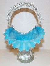 Stunning Murano Style Art Glass BLUE/WHITE/CLEAR Overlay Cased Ruffled Basket - £61.94 GBP