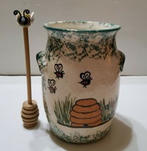 Vintage Green Cream Speckle Pottery Utensil Holder Painted Honey Bees w/ Dipper  - £29.23 GBP