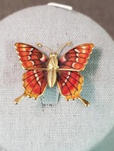 Vtg Butterfly 80’s Enamel Brooch Red &amp; Orange with Gold Tone - £8.28 GBP