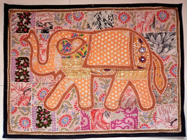 Vintage Tapestry Elephant Patchwork Wall Hanging Hippie Handmade Embroidered E95 - £30.53 GBP