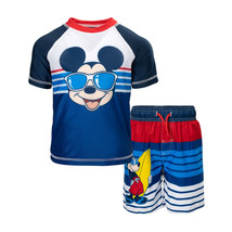 Disney Mickey Mouse Surfin&#39; Toddler Swim Shorts &amp; Rashguard Set Blue - £16.73 GBP