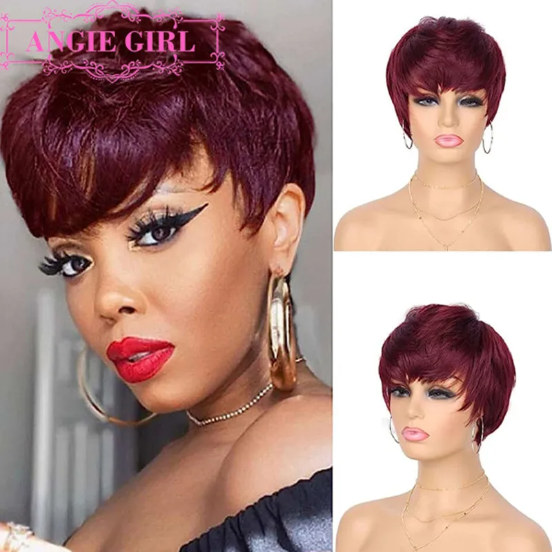 99J Burgundy Short Pixie Cut Wigs with Bangs Red Color Short Wave Human Ha - £13.88 GBP+