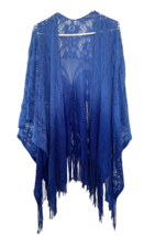Vintage Handmade Knitted Shawl Wrap Butterfly Pattern Two-tone Blue Fringes - $33.23