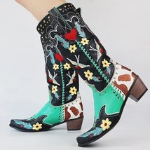 Women&#39;s Western Embroidered Mid Calf Floral Hearts Slip-On Cowgirl Boots... - £70.57 GBP