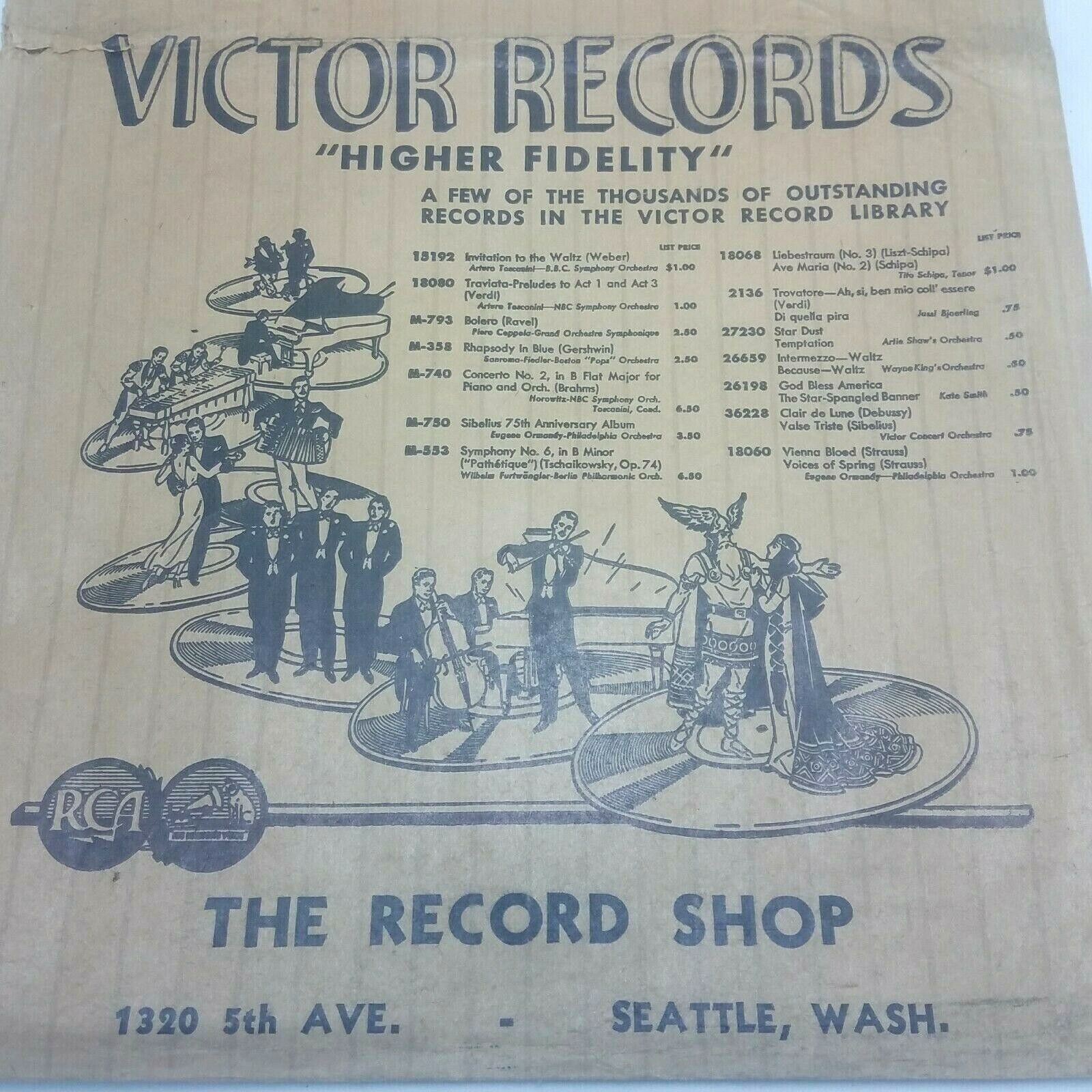 VICTOR RECORDS Printed Paper Bag 78 RPM The Record Shop Seattle 1320 5th... - $14.80