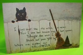 Halloween Postcard Black Cat F A Owen Series 208C MHS Witches Broom Hat Vintage - £44.58 GBP