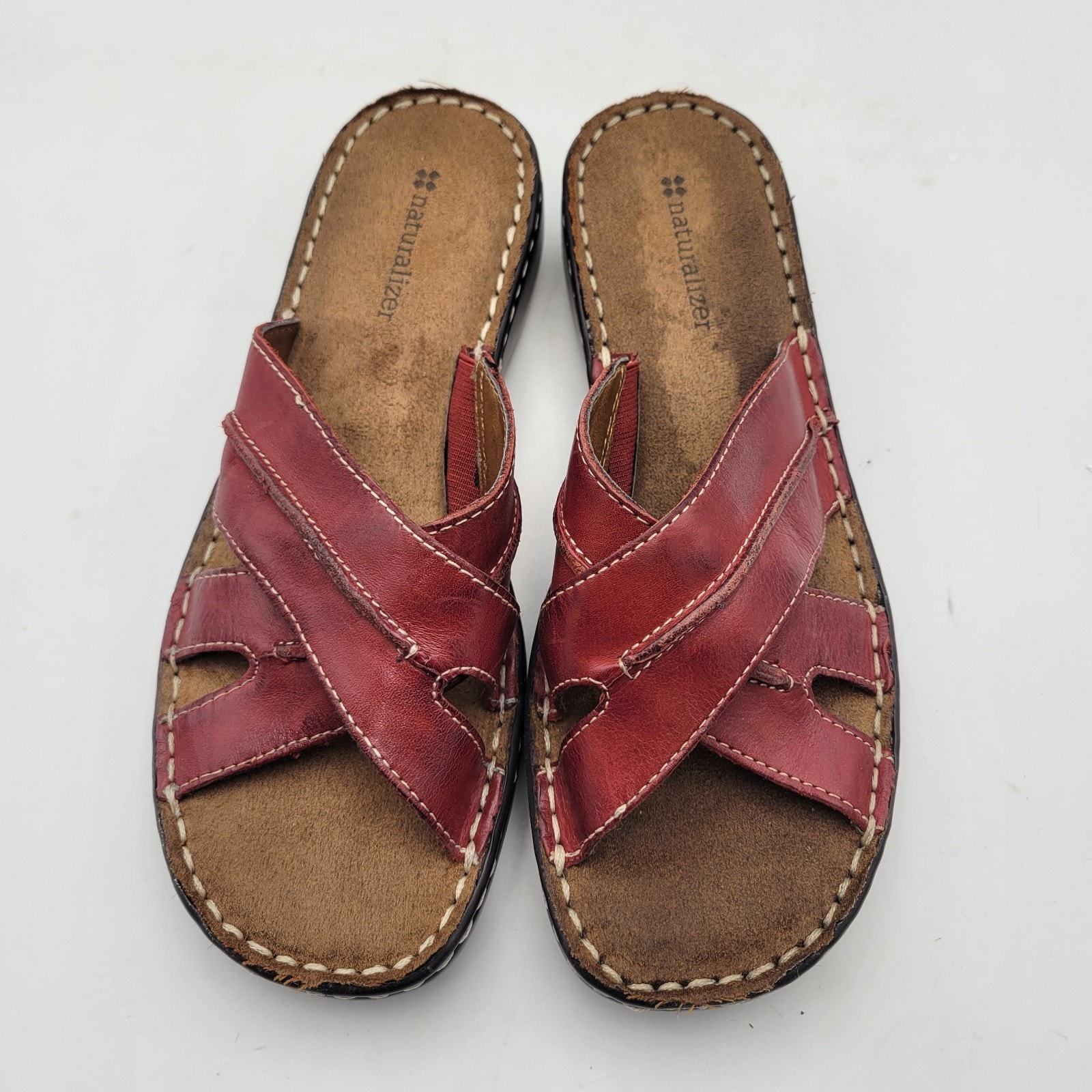 Naturalizer Sandals Women's SZ 7M Slides Brown Red Leather Flats Open Toe Shoe Item image 9