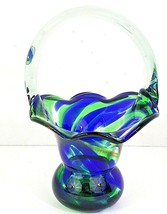 Venetian Art Glass Basket W/Handle Blue Green 9 1/2&quot; x 6&quot; x 6 1/2&quot; - £14.88 GBP