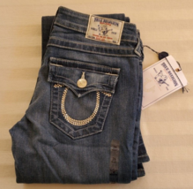 NWT True Religion Boot Cut Blue Jeans Size 27 Swarovski Crystal Logo - £77.07 GBP