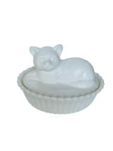 Cat Kitten Figurine vtg  Westmoreland Milk Glass Bowl Dish Nest anthropo... - $69.25