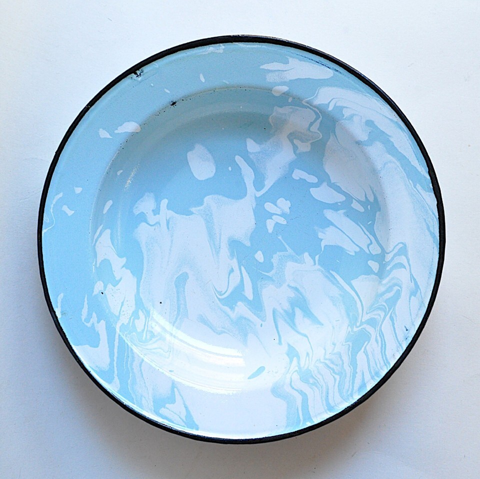 Lot 6 Light Blue & White Swirl Enamel Graniteware 10" Soup Plates Bowls Sky VTG Item image 3
