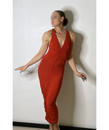 Donna Karan Ruched Burned Orange Silk Midi Dress Racer Back Ruched Evening - €163,98 EUR