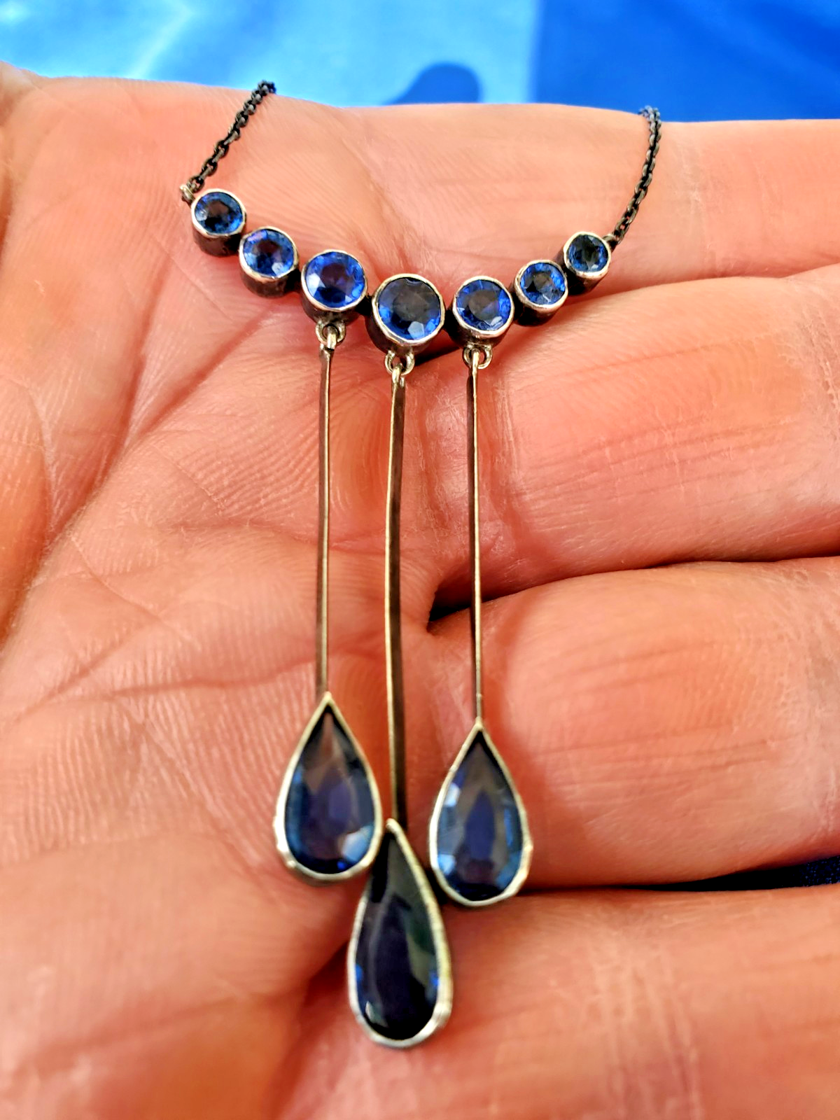 Sterling Silver 925 Deco Modernist Necklace Vintage Sapphire Paste 5.5 ct CHOKER Item image 8