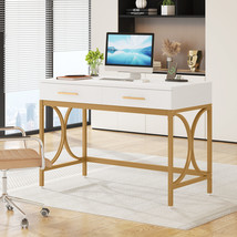 White Wood Computer Desk With 2 Drawers, Modern Study Writing Desk W/ Metal Leg - £157.58 GBP