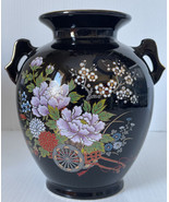 Vintage Black With Gold Trim Vase Flower Wagon Floral 6.75&quot; Tall Japan - £13.97 GBP