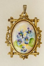 Vintage Jewelry Hand Painted Porcelain Forget Me Not Flower Pendant Brass Bezel - £19.77 GBP