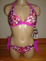 New Becca Beach 2 Pc Swimsuit Reversible Halter TOP/SIDE Tie Bottom Pink Multi L - £55.26 GBP