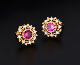 Girl&#39;s Round Cut Created Ruby Sun CZ 18k Yellow Gold Plated Small Stud Earrings - £50.84 GBP