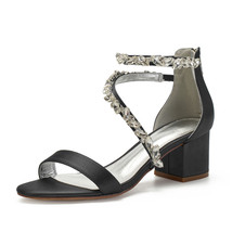 Block Heel Crystals Wedding Sandals for Bride Open Toe Zipper Back Mid Heels Sat - £77.24 GBP