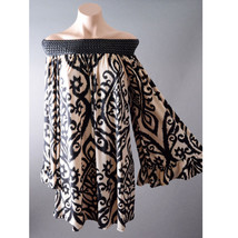 Black Beige Long Sleeve Tapestry Pattern Woven Off Shoulder Boho 70s Shi... - $41.13 CAD