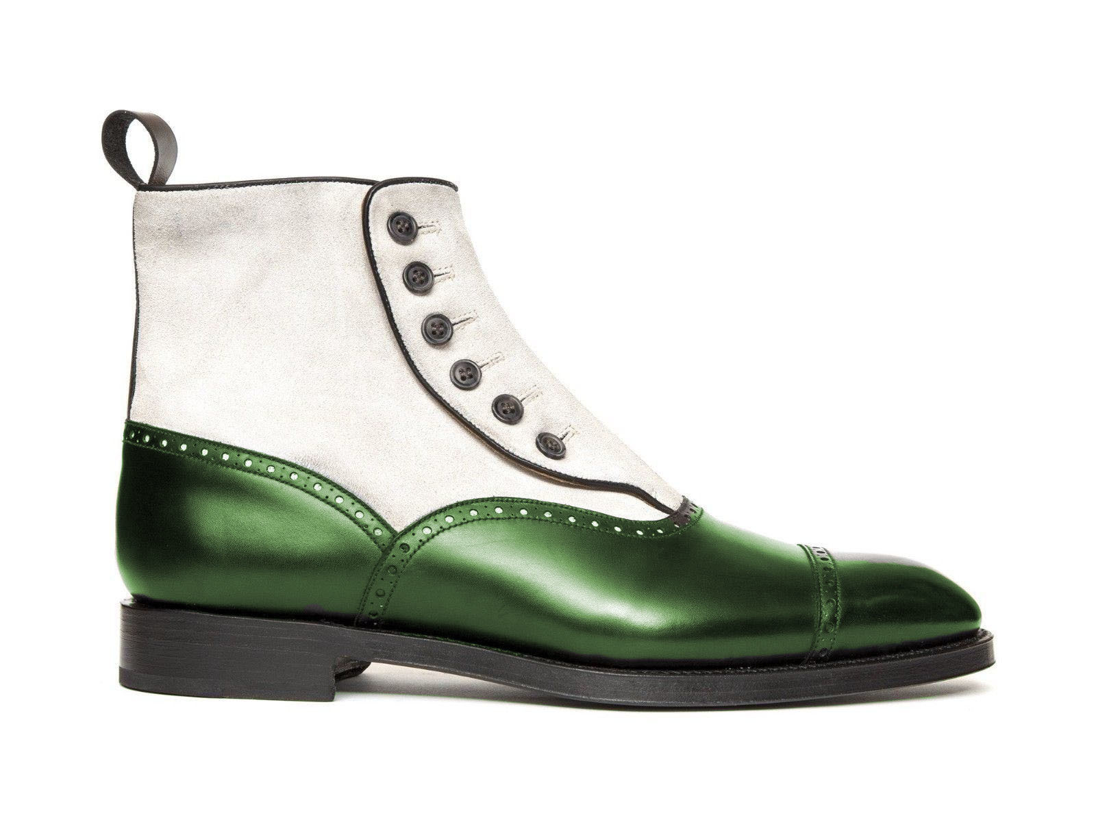New Handmade Men's Ankle High Boot, Men's Green White Leather & Suede Button Bo