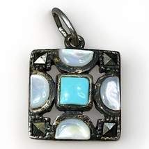 Native American Turquoise MOP &amp; Marcasite VTG 925 Sterling Silver Pendan... - $38.99