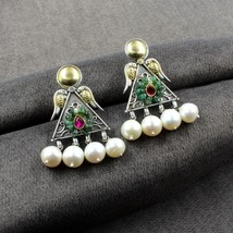 Zwei Ton Echt 925 Silber Lang Smaragd Perle Jhumka Ohrringe für Damen - £58.85 GBP