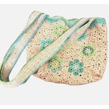 Vintage Crochet blue cream floral crossbody summer festival bag purse - £23.96 GBP