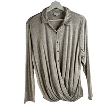 J Jill Top Sz XL Top Shirt Gray Button Front Twist Draped Speckled Long Sleeve - $18.60